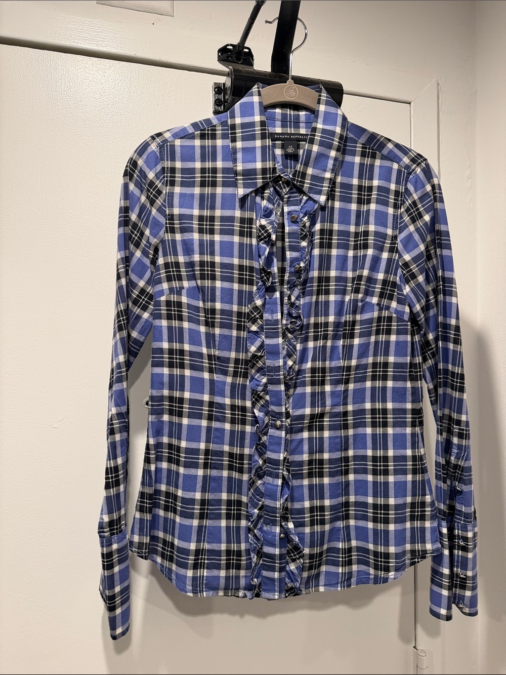Banana Republic Blue Black Plaid Ruffle Front Button-Down Shirt